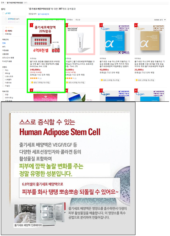 온라인 쇼핑몰 A사의 줄기세포배양액 과장 광고 사례./출처=손혜원 의원실